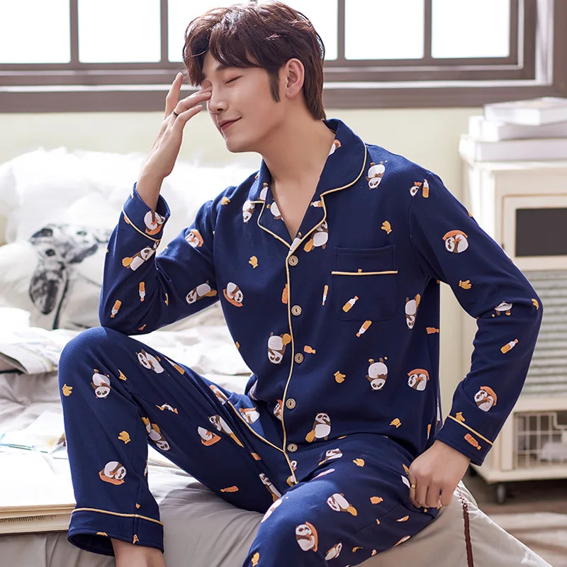 Мужская пижама с длинными рукавами на весну и осень хлопковый комплект домашней