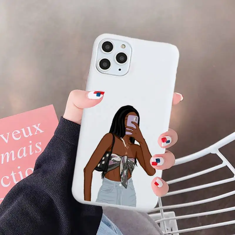 

Black girl fashion cartoon Phone Case White Candy Color for iPhone 6 7 8 11 12 s mini pro X XS XR MAX Plus
