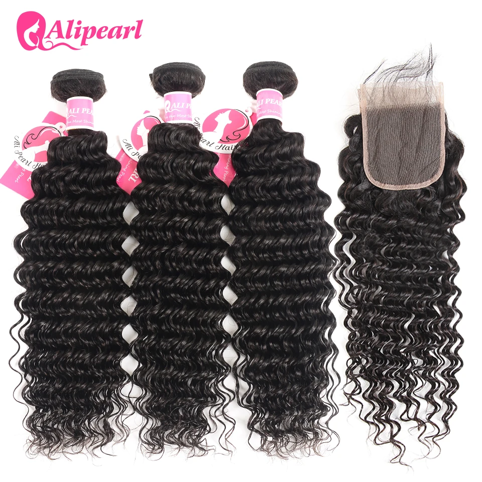 AliPearl волосы глубокая волна пряди с прозрачным кружевом закрытие бразильские