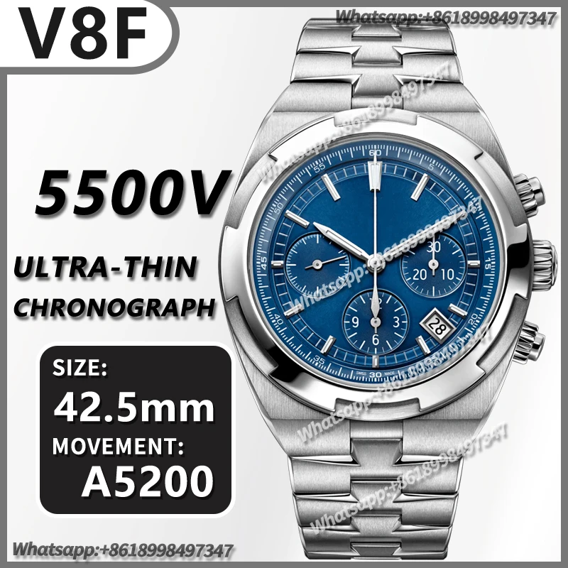 

Men's Automatic Mechanical Watch 42.5MM Overseas Ultra-Thin 5500V V8F Best Edition 1:1 Blue Dial on SS Bracelet A5200