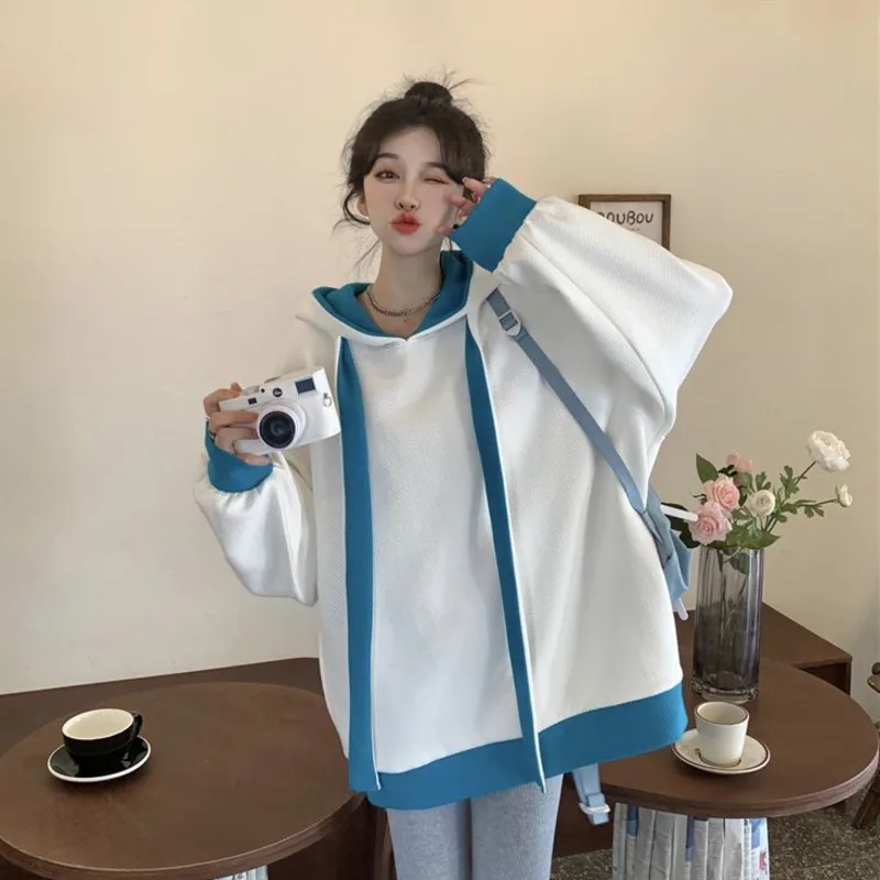 Женская осенне-зимняя Свободная рубашка контрастных цветов с капюшоном и