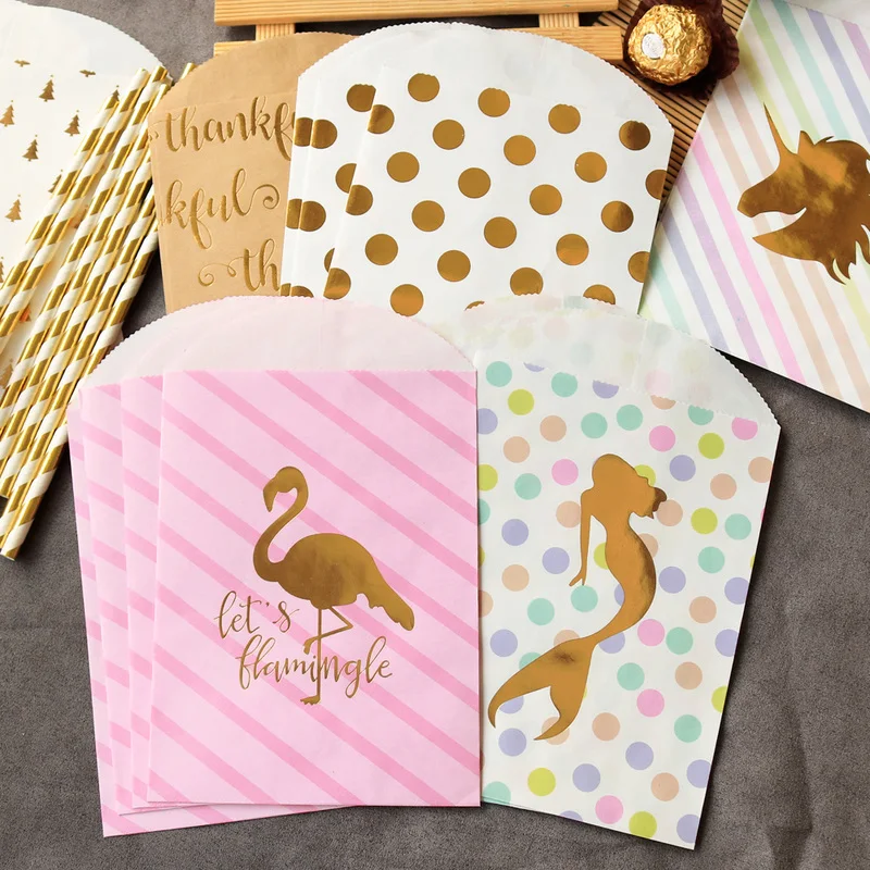 

10pcs Mermaid Paper Bag Flamingo Unicorn Party Kraft Paper Gift Bag Gold Dot Wedding Gift Packing Bag Thank You Cookie Candy Bag