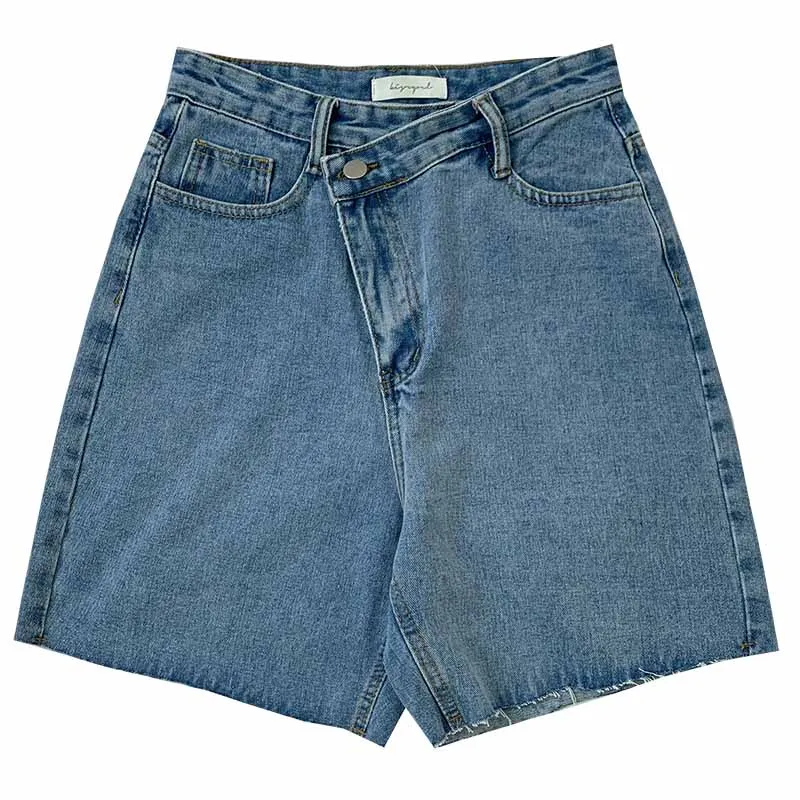 

Misplaced Button Denim Shorts Women Hem Make Old Summer Korean Style High Waist Loose Straight Tube 5-point Denim Shorts