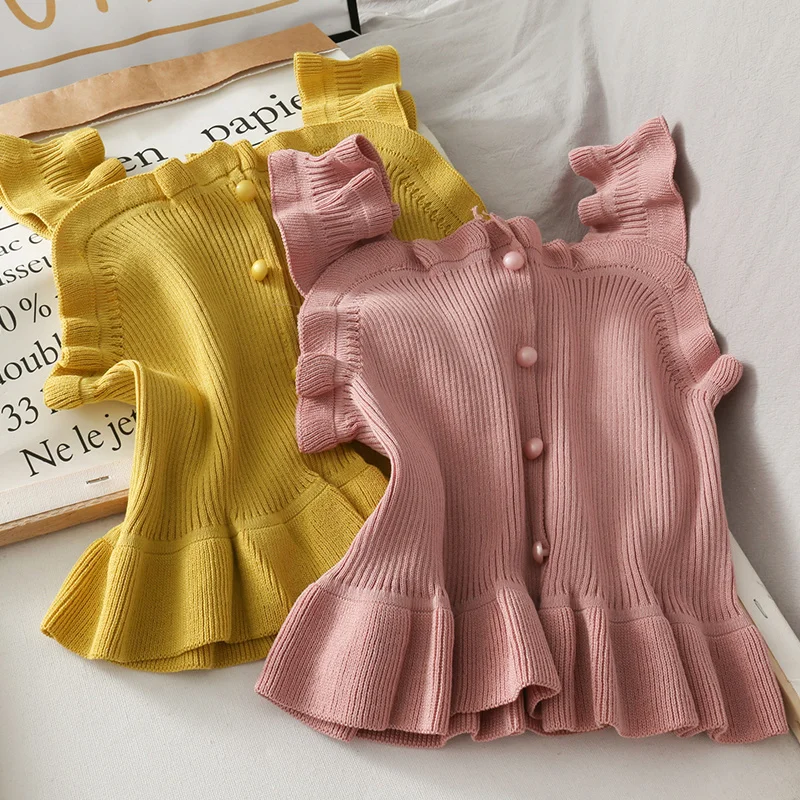 

Женский укороченный топ с жемчужными пуговицами, однобортный вязаный свитер, жилет, шикарные Короткие топы с оборками, свитера, лето 2021