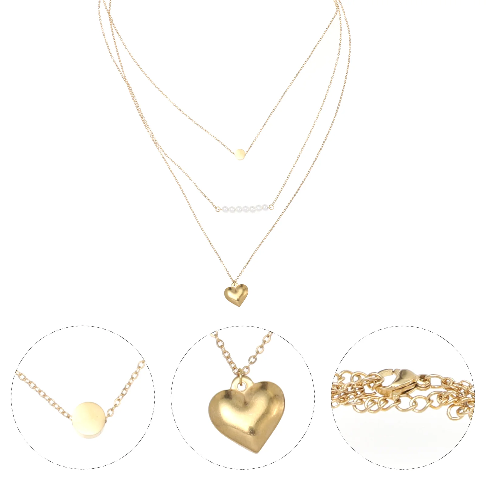 

Stainless Steel 3-Layers Clavicle Chain Heart Necklace Pearls Clavicle Chain