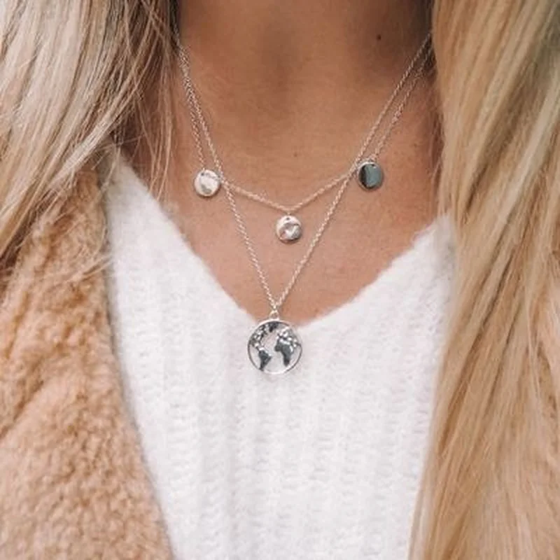 

Trendy Metal Map Pendant Necklace for Women Multilayer Disc Gold Silver Color Necklace Girl Birthday Party Jewelry Gift