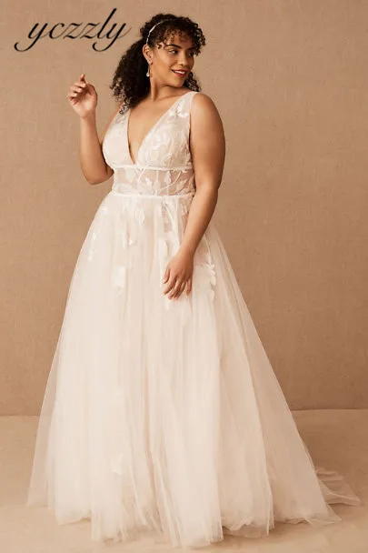 

Romantic A-line V-neck Backless Appliques Flowers Beach Plus Size Wedding Gowns Long Bride Dresses 2022 Robes De Mariage W316