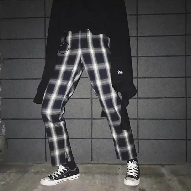 

NiceMix корейские Ulzzang разрезные брюки с кольцом черные белые клетчатые повседневные брюки японские Harajuku уличная мода Женская ручка