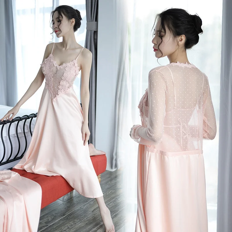 Комплект из 2 предметов с длинной рубашкой и халатиком атласные женские ночные