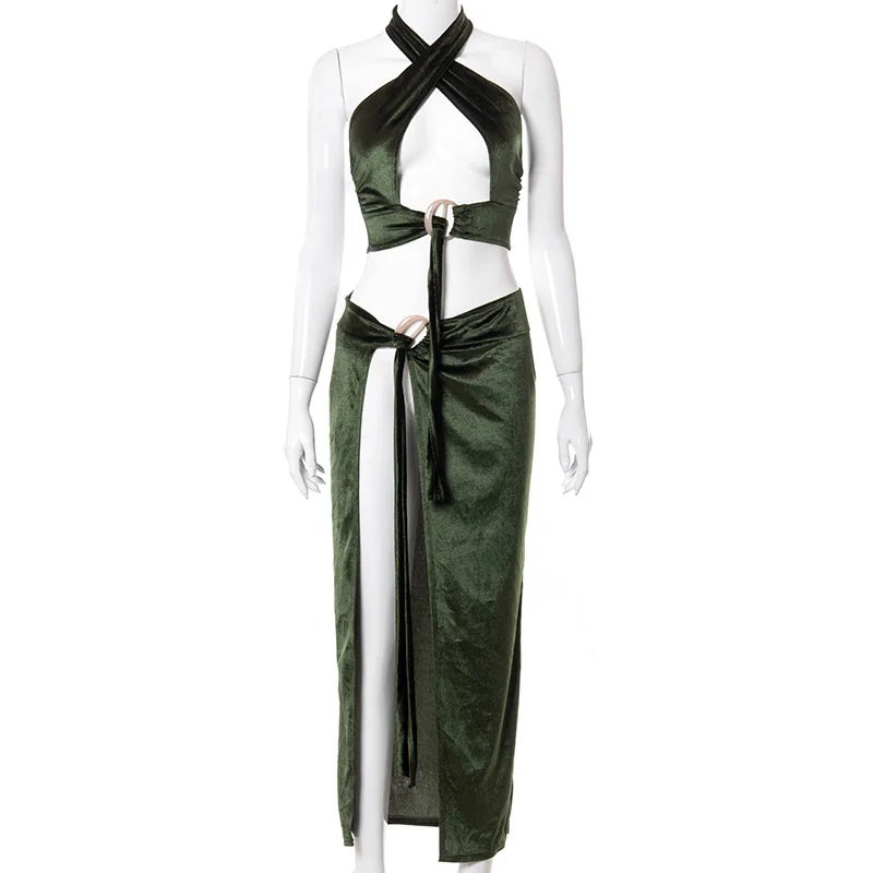 

M21st217 women's 2021 summer new neckline navel open back tassel split skirt suit Free shipping Fashion