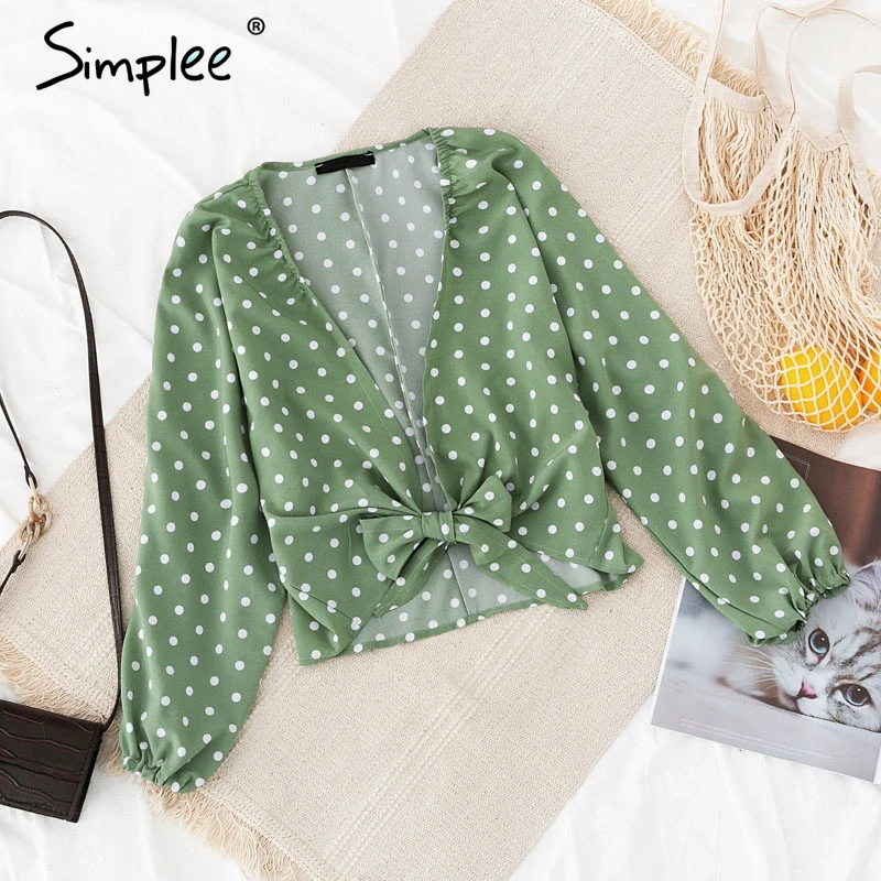 Женская шифоновая рубашка Simplee в горошек привлекательная блузка с глубоким v