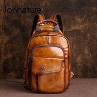 johnature 2021 new retro men mini backpack genuine leather multifunctional bag first layer cowhide handmade male chest bags