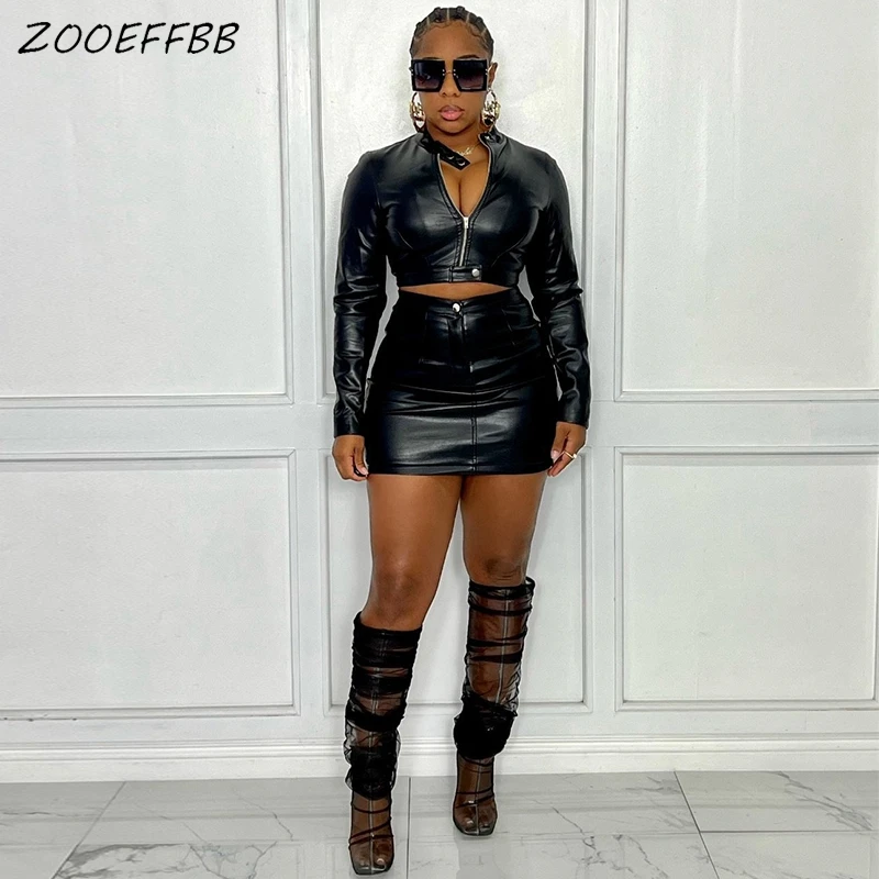 

Женский комплект из двух предметов ZOOEFFBB, из искусственной кожи, короткий топ с длинным рукавом, на молнии, яркая Клубная одежда