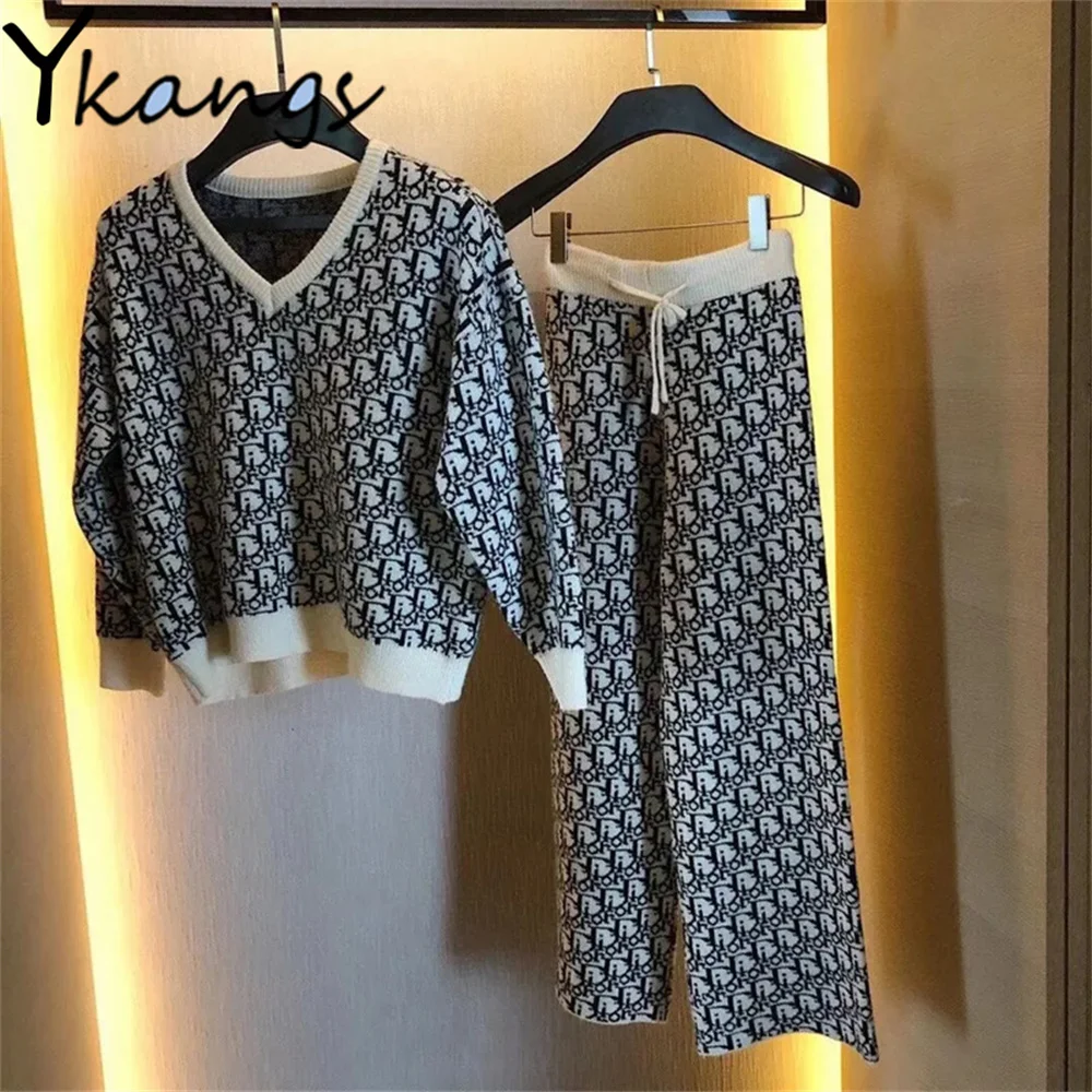 Женский трикотажный комплект из 2 предметов, универсальный свитер с V-образным вырезом, пуловер и широкие брюки спортивный костюм бойфренда ...
