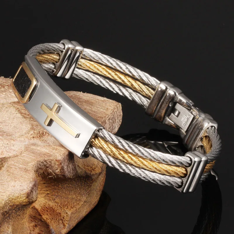 

New Trendy High Quality 3 Rows Wire Chain Bracelet Bangle Punk Stainless Steel Cross Bracelets Jewelry Accessories Gifts For Men