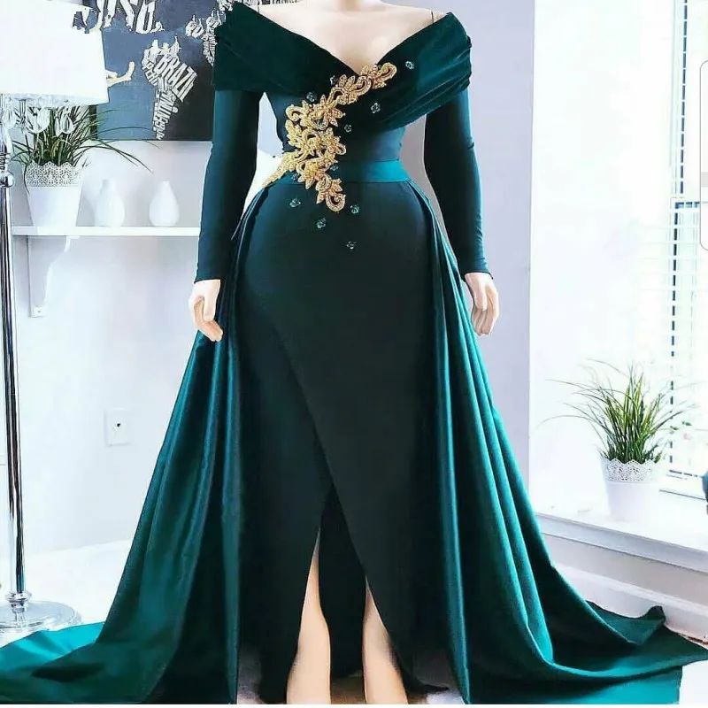 

Emerald Green Long Sleeves Evening Dress Detachable Skirt V-Neck Off the Shoulder Gold Beaded Long Arabic Prom Formal Dresses