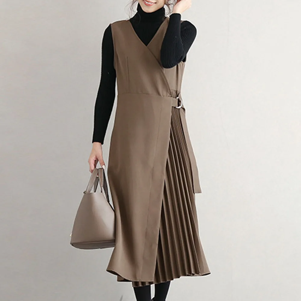 

2020 Sleeveless Women Dress Korean Elegant Plain High Waist Belt Midi Pleated Linen Sundress Female Autumn Winter Dress Office