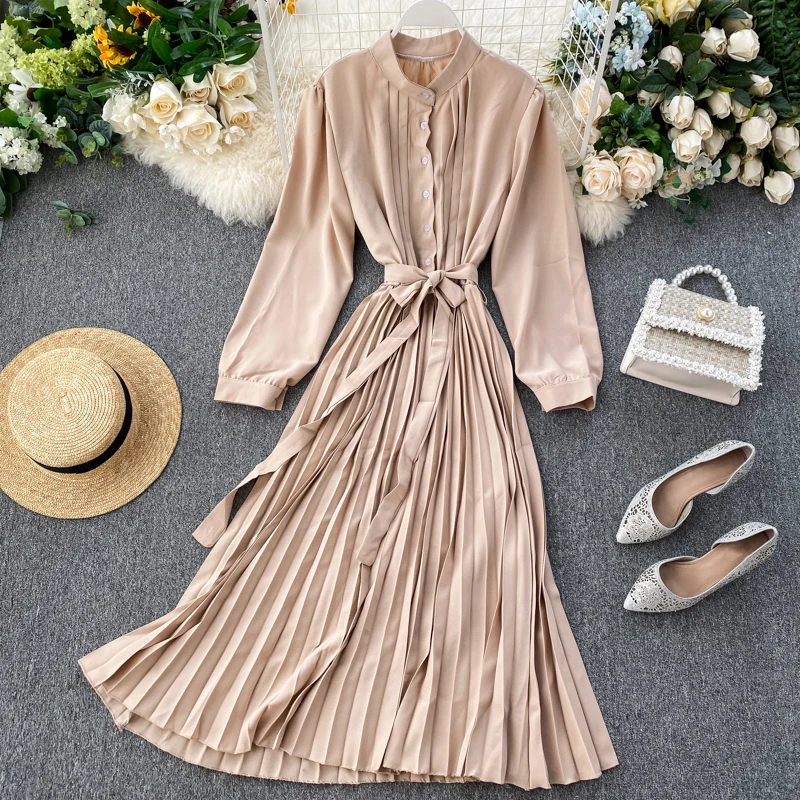 Женское платье трапеция с длинным рукавом однотонное Повседневное до середины