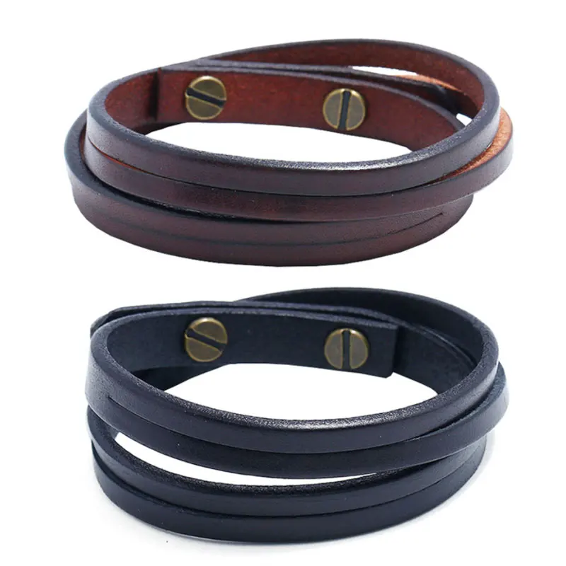 

Fashion Black Brown Color Leather Mens Multilayer Charm Bracelets Handmade Hip Hop Punk Jewelry For Male