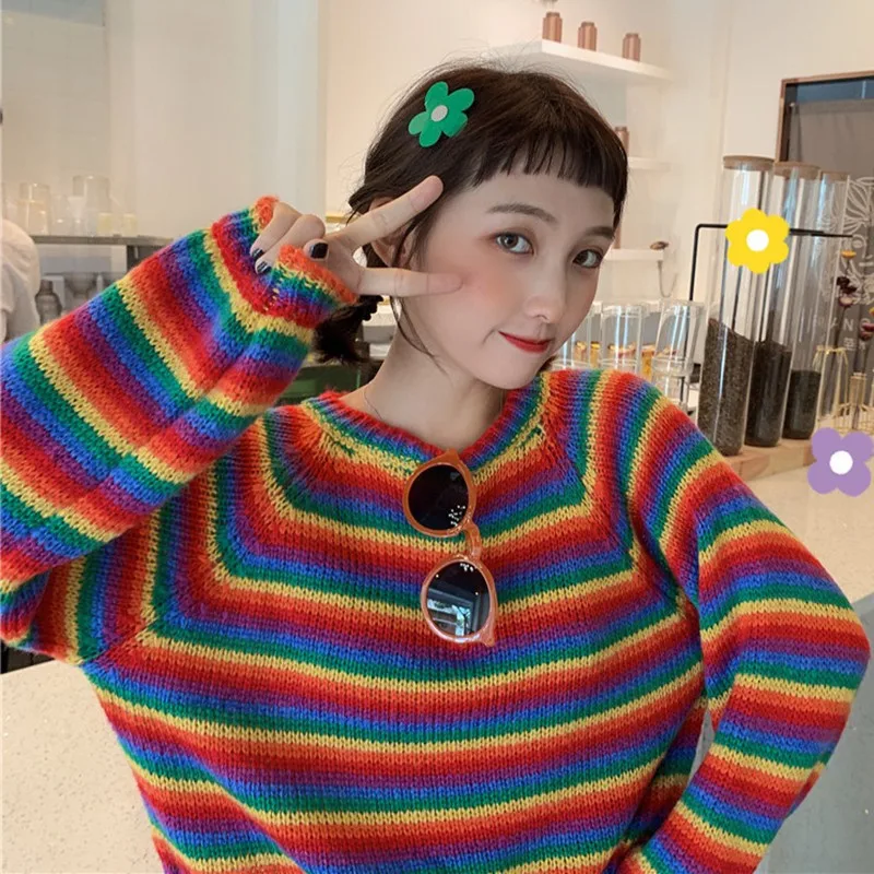 

2019 New Women Sweaters Autumn Winter Stripes Print Slim Long Sleeved Sweet Girl Zipper Collar Slim Bottom Knit Sweater W1