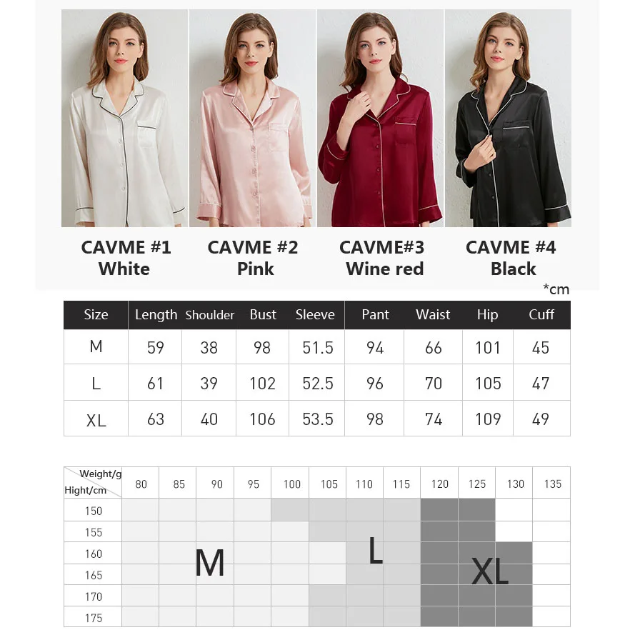 CAVME 100% Silk Pajama Sets for Women Ladies Luxury Sleepwear Solid Color Homewear 2 Pieces Full Pants PLUS SIZE