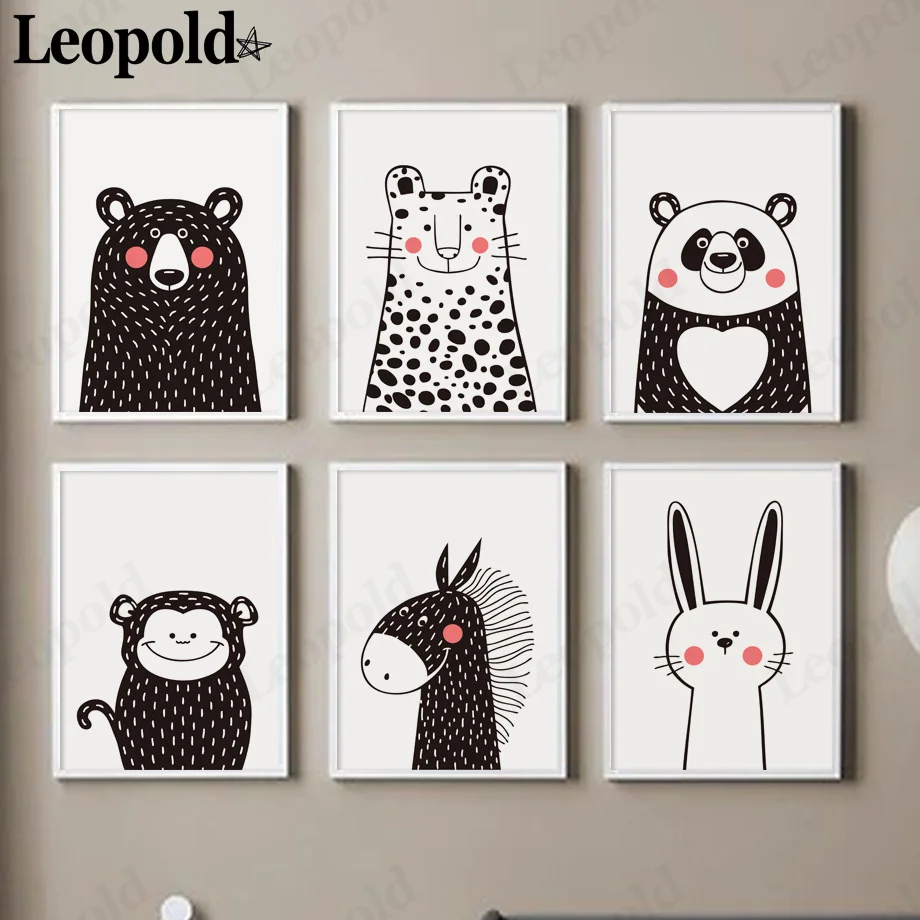 

Cartoon Animal Panda Canvas Painting Black and White Rabbit Poster Wall Art Nordic Children's Room Home Decoration Accessories