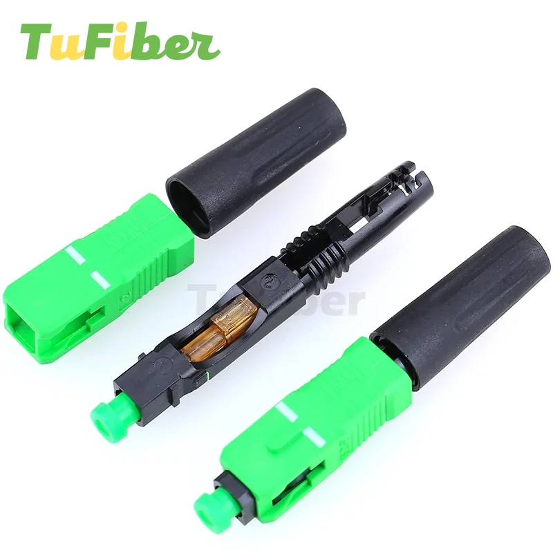 100/200 PCS Embedded SC APC Optical Fiber Fast Connector FTTH Single Mode Optic SC Quick Connector Green Adapter Field Assembly
