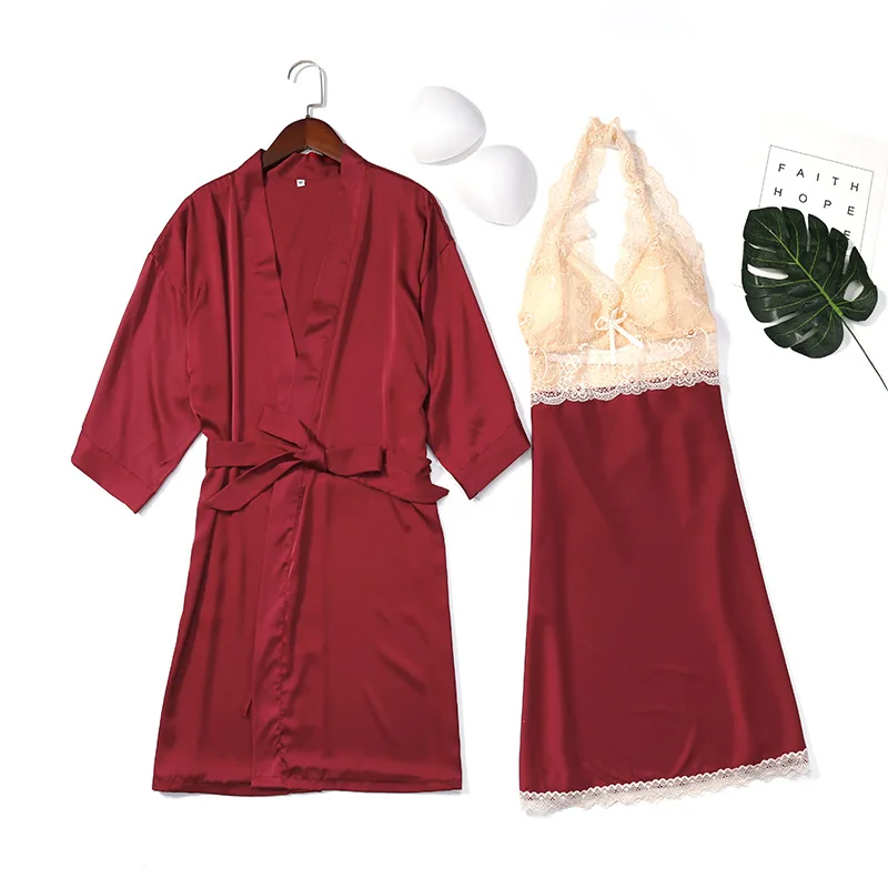 

Sexy Lace Trim Women Rayon Kimono Bride Bridesmaid Wedding Robe Set Sleepwear Casual Home Clothes Nightwear