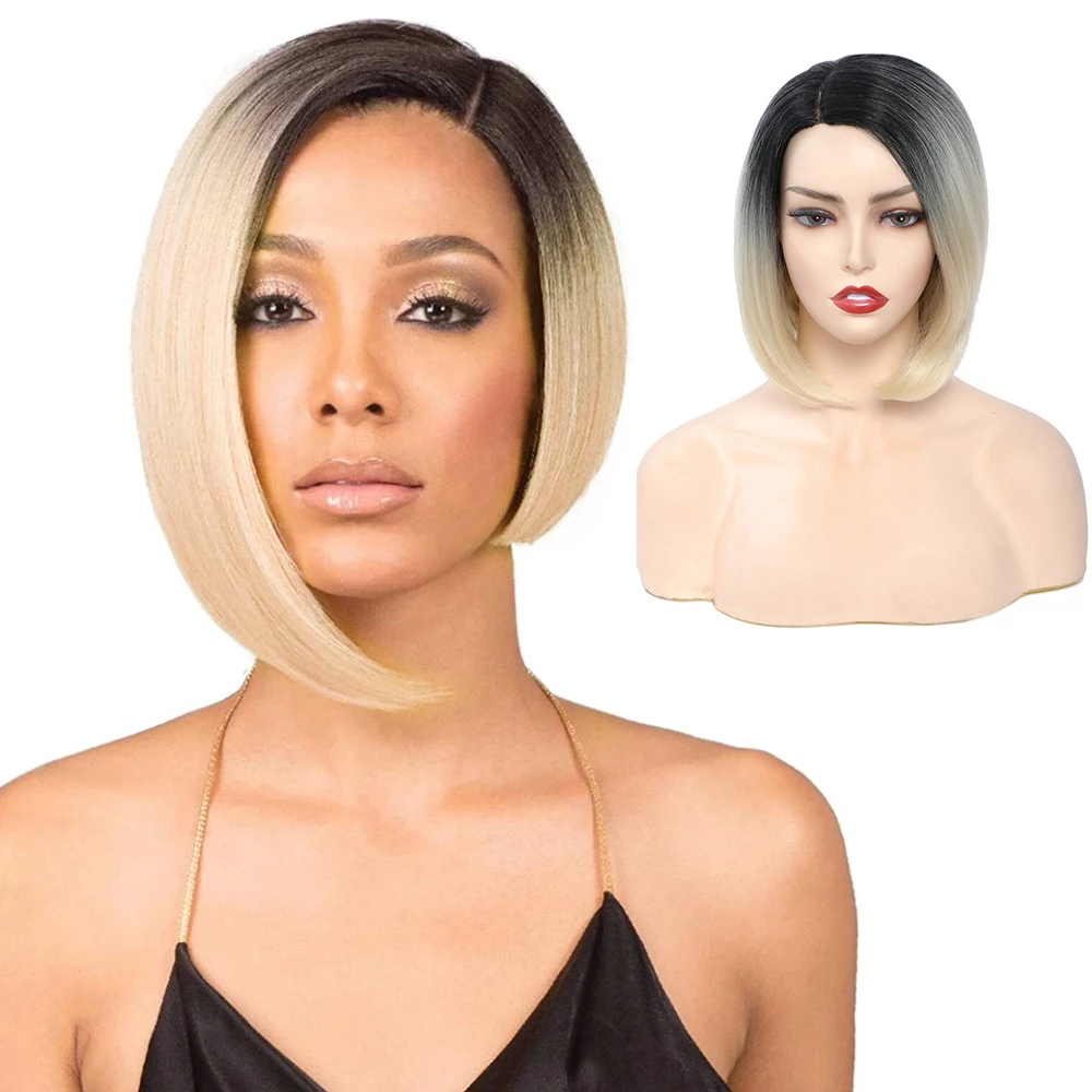 

Soku Short Straight Bob Wigs Synthetic Wig Ombre Black Root&613 Blonde Hair Side L Part Lace Wigs For Women 12 Inch Balayage Wig