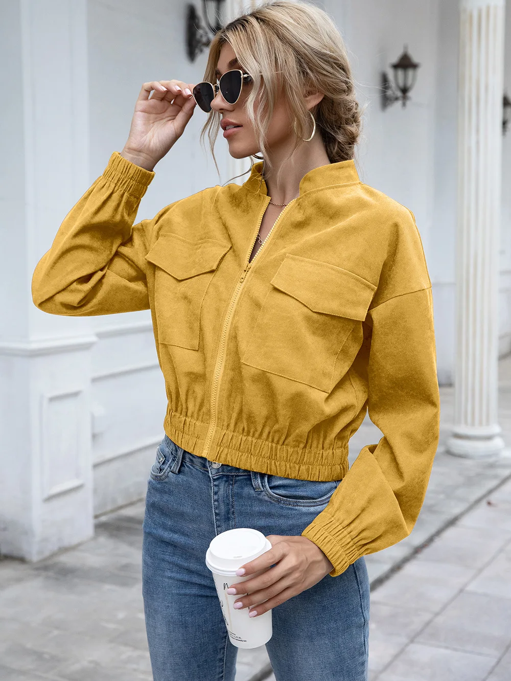 

Women Fashion Long Sleeve Zipper Coat Stylish Pocket Solid Color Top for Ladies Female Casual short coat jacket