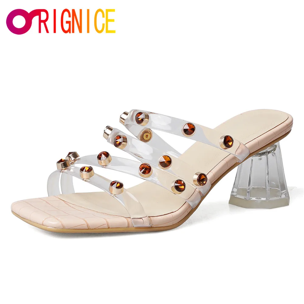 

Orignice PVC Rivet Studded Transparent High Heels Gladiator Sandals Female Fish Mouth Slippers Luxury Rhinestone Wedding Shoes