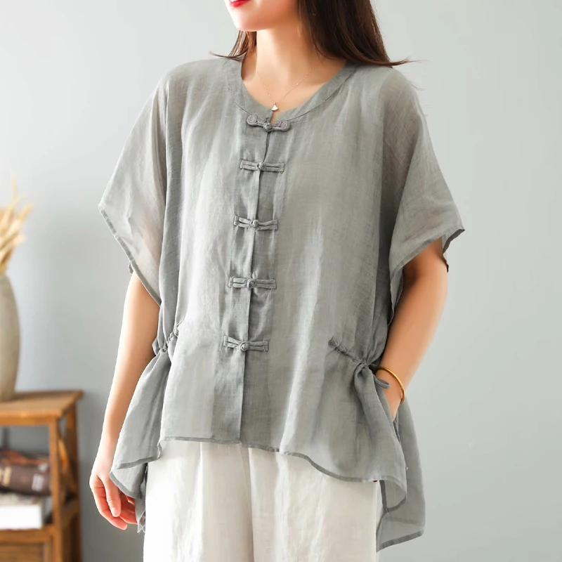 

SOUL OF TIGER Chinese Style New 2021 Summer Clothes Ladies Orange Linen Shirts Women Casual Vintage Blouses Female O-neck Tops