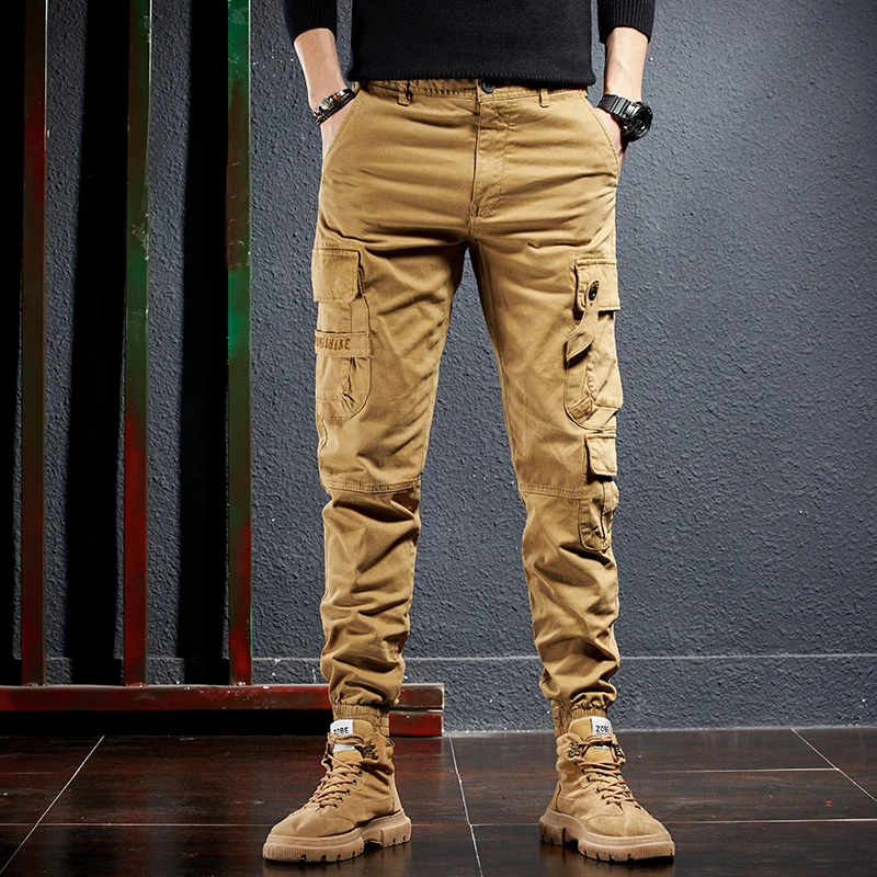 

Fashion Streetwear Men Jeans Khaki Multi Pockets Casual Ankle Banded Cargo Pants Newly Designer Hip Hop Joggers Men Overalls