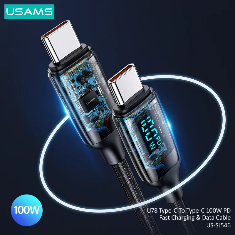 USAMS 100W 6A Светодиодный кабель дисплея Быстрая зарядка USB C A К типу Телефонный для