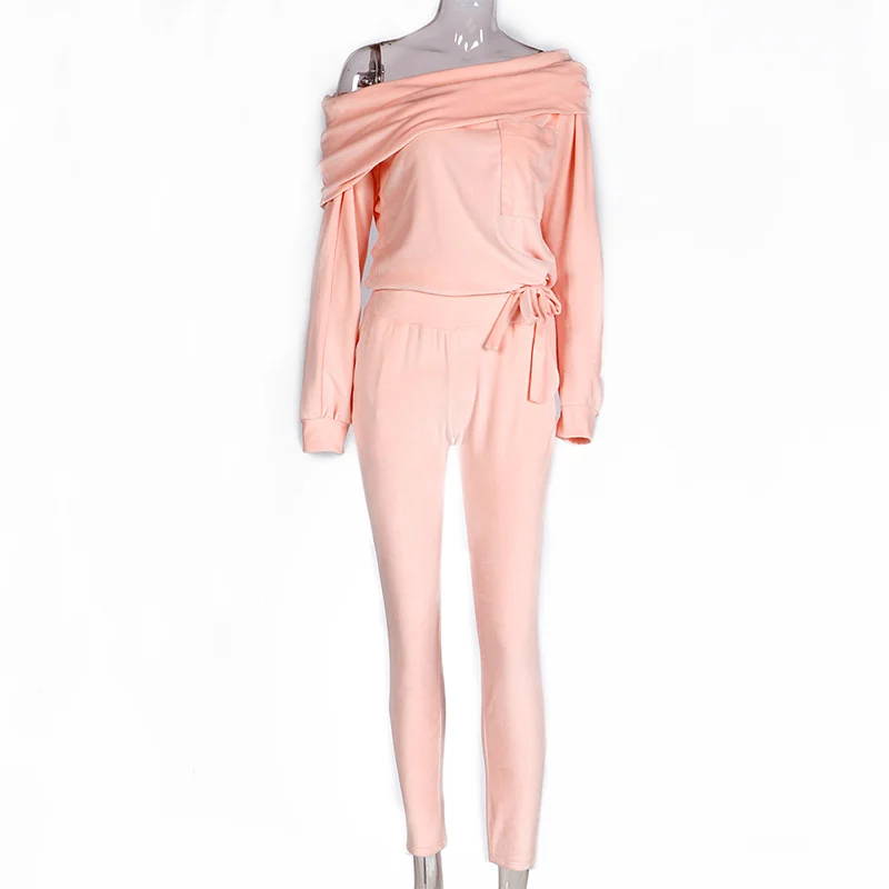 

Off shoulder Velvet Women's Tracksuit Suit Woman Jogging Sets Sports Customs Female 2021 Spring Autumn Lounge Wear Suits Ladies