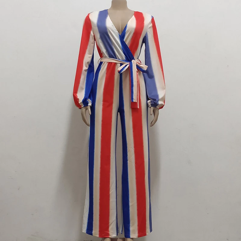 

Женский комбинезон в полоску, с длинным рукавом и V-образным вырезом