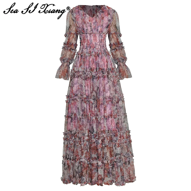 Seasixiang Fashion Designer Autumn Mesh Long Dress Women V-Neck Ruffles Flare Sleeve Flower Print Bohemian Vacation Maxi Dresses