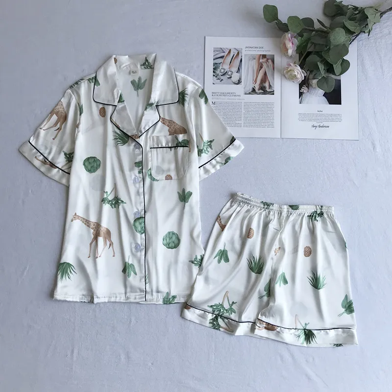 

Casual Sleep Suit Kimono Gown Print Flower Pajamas Set 2PCS Shirt&shorts Women Satin Homewear Nightwear Home Clothes Pyjamas