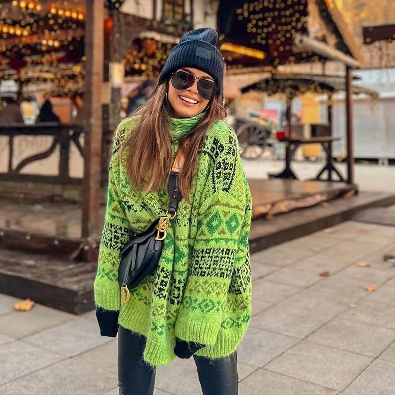

Ardm Casual Turleneck Geometry Jacquard Green Winter Pullover Long Sleeve Oversize Kintted Women Sweater Tops