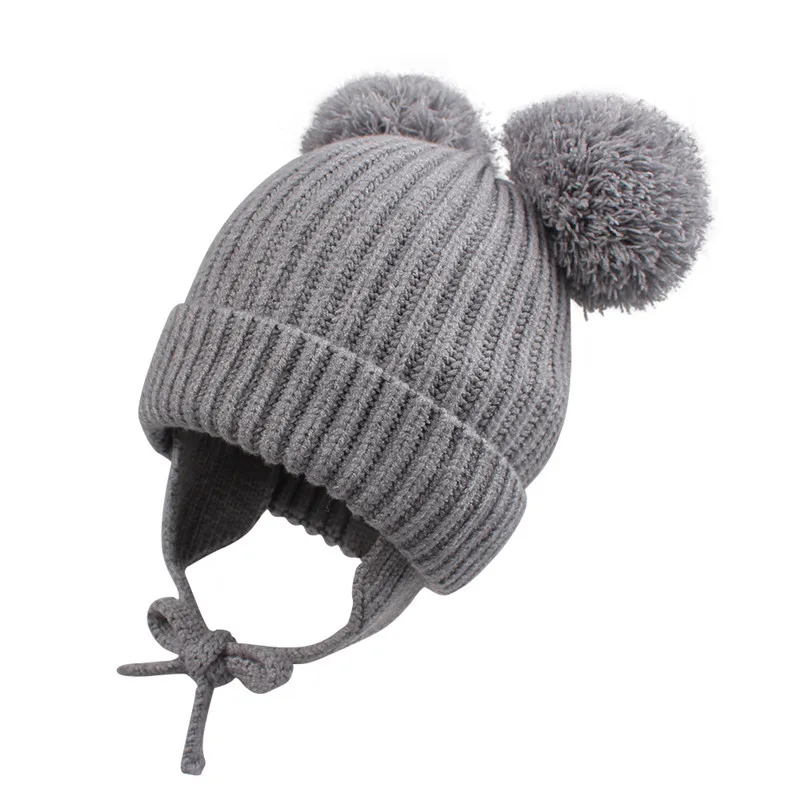 Solid Baby Earflap Hat Thicken Warm Toddler Kids Boys Girls Beanie Cap Infant Polyester Winter Pompom with Chinstrap Stay On | Детская