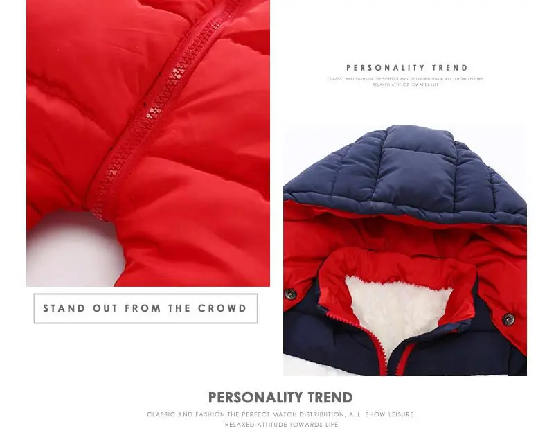 

Newborn Baby Snowsuit Children Winter Coat Red Blue Warm Liner Hooded Zipper Jumpsuit Boys Girls Duck Down Outwear Overalls