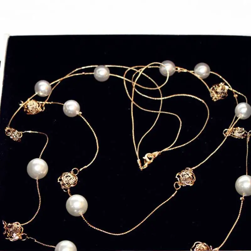 Роскошное ажурное жемчуг длинное ожерелье камелии цепочка на свитер с цветком