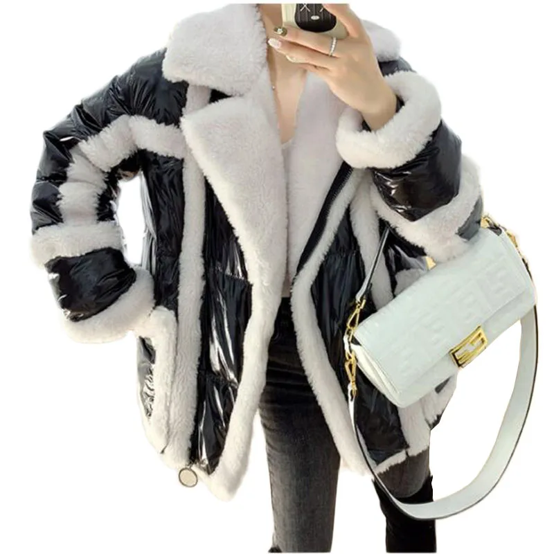 Женский глянцевый пуховик зимняя теплая парка шерстяное пальто из овечьей