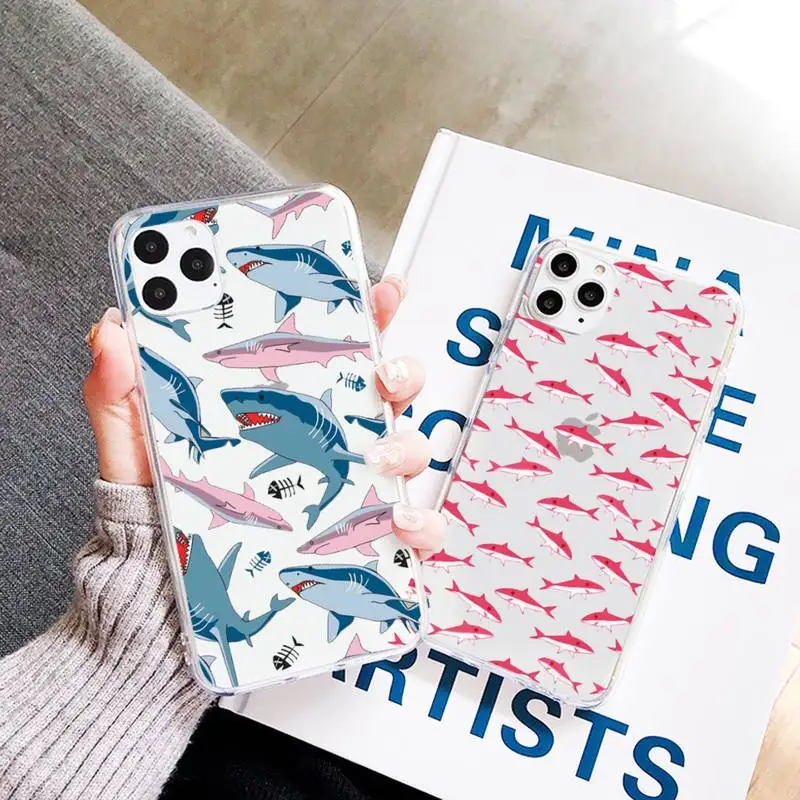 

Cute cartoon shark animal Pink blue Phone Case Transparent Clear for iPhone 11 12 mini pro XS MAX 7 8 6 6S Plus X 5S SE 2020 XR