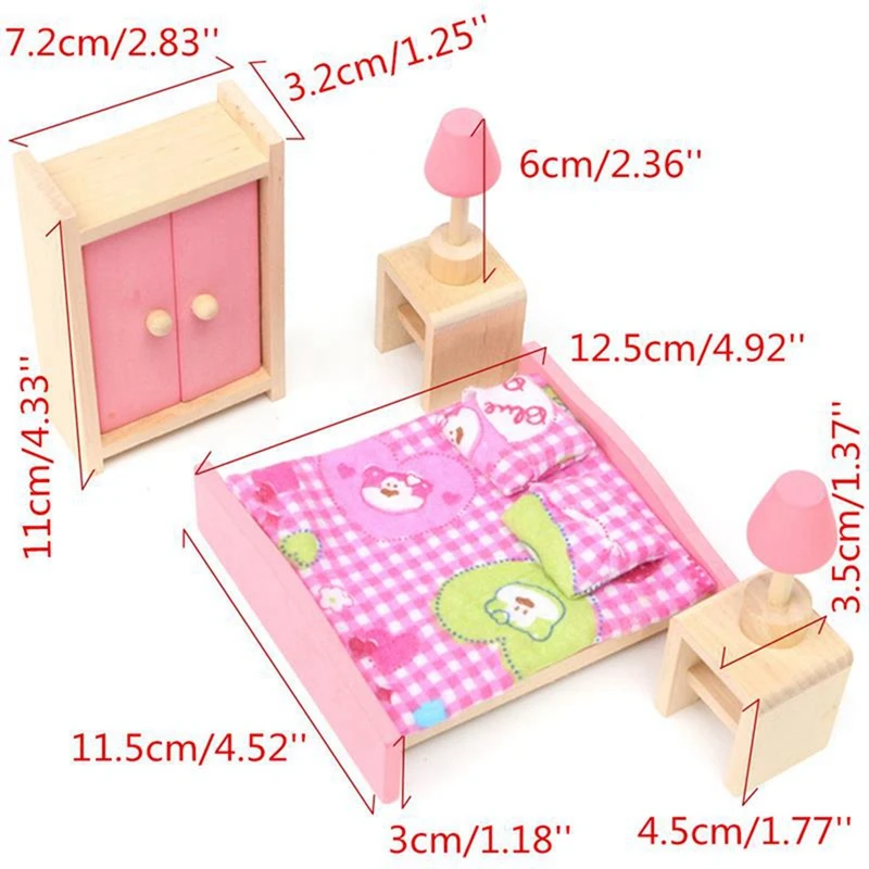 

Kid Wooden Furniture Dolls House Miniature 5 Room Set Doll For Christmas Gifts