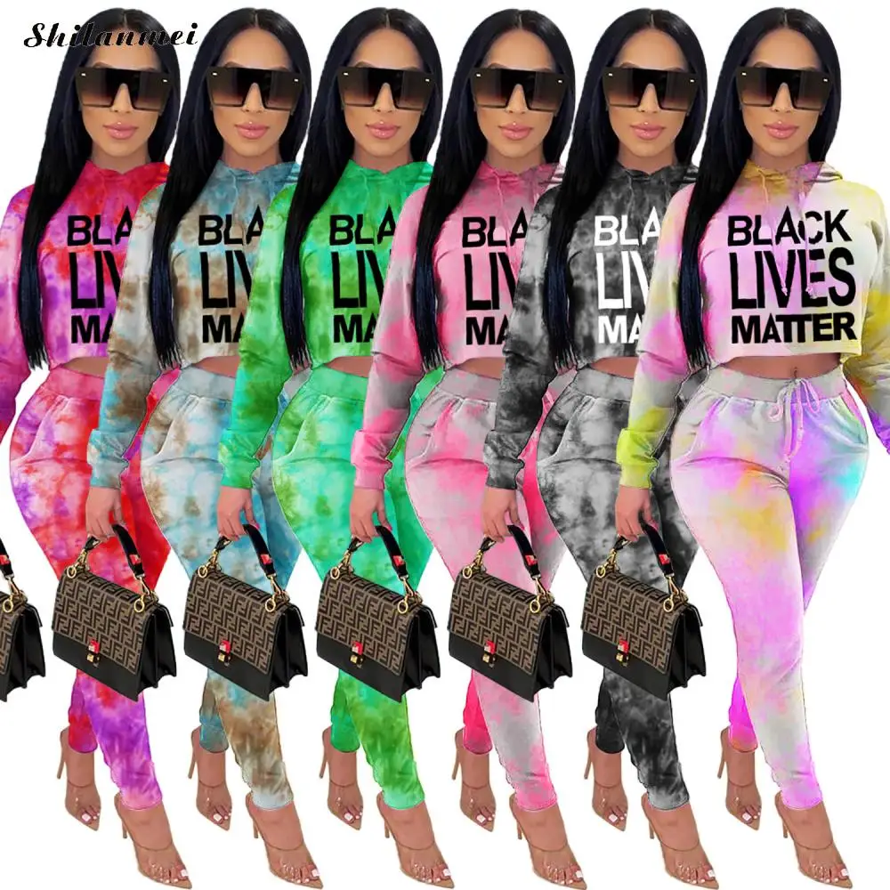 

Tie Dye Letter Print Women's Set Long Sleeve Hoodies Crop Top + Bodycon Pants Set Fashion Sexy Tracksuit Two Piece Outfit 2021