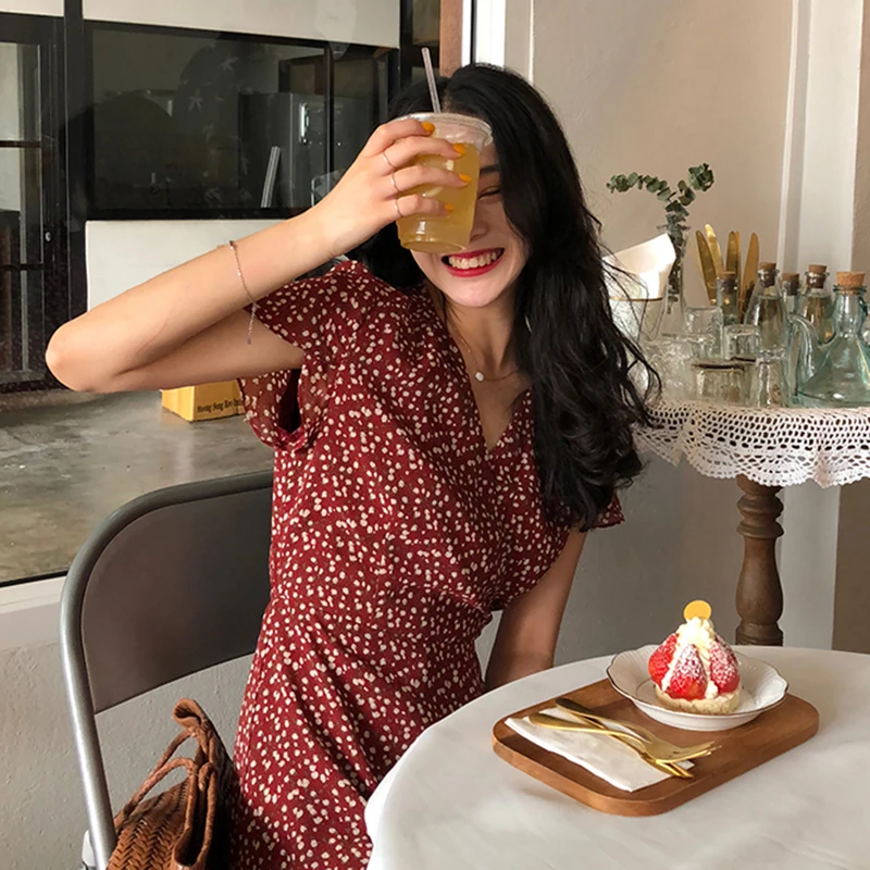 

Women Short Sleeve Dress Summer Chiffon Breathable Floral V-neck Party Date Daily Casual Preppy Cozy Chic Slim All-match Fashion