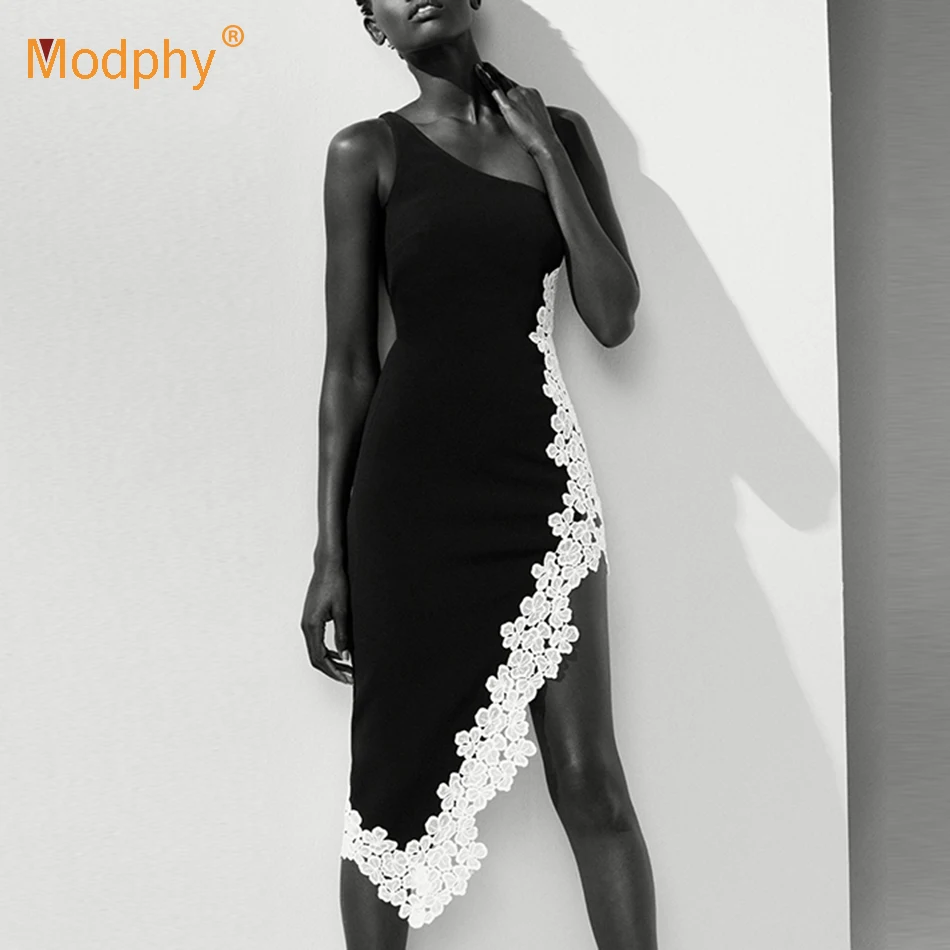 Женское облегающее платье на одно плечо черное Клубное с кружевным жилетом