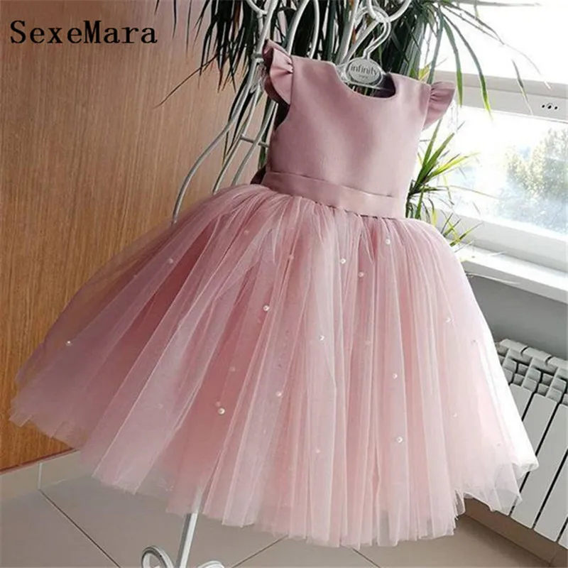 Lovely Pink Tulle Girls Dresses For Birthday Ball Gowns With Bow Pearls O-Neck Kids Pageant Gowns enlarge