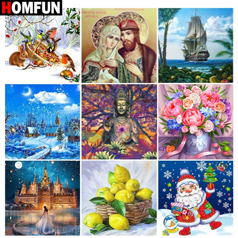 

HOMFUN 5D DIY Diamond Embroidery Full Display "Steamship Santa Claus flower" Diamond Painting Square/Round Rhinestones Decor Art